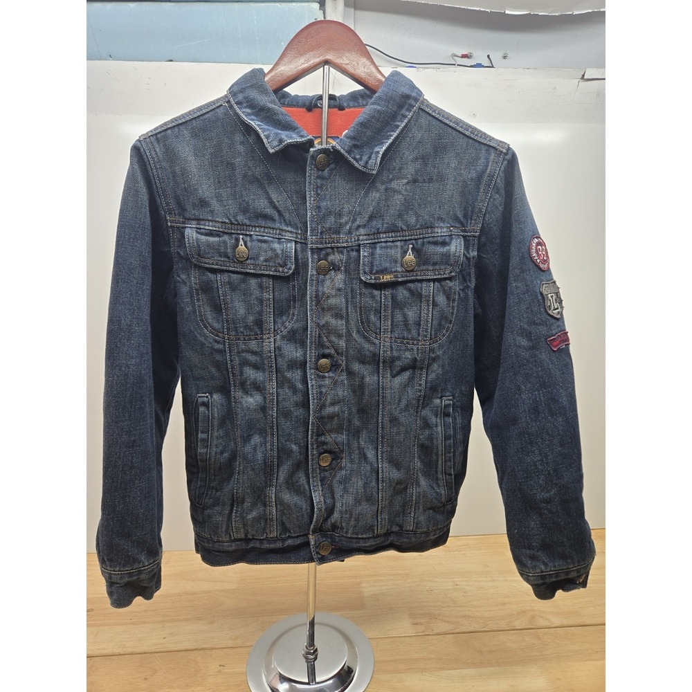 LEE Womens Denim Jacket Size Large 14/16 Orange Fleece Lined